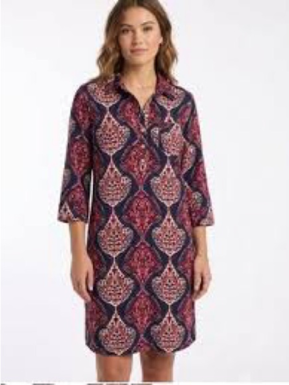 Printed Navy and Orange Shift Dress